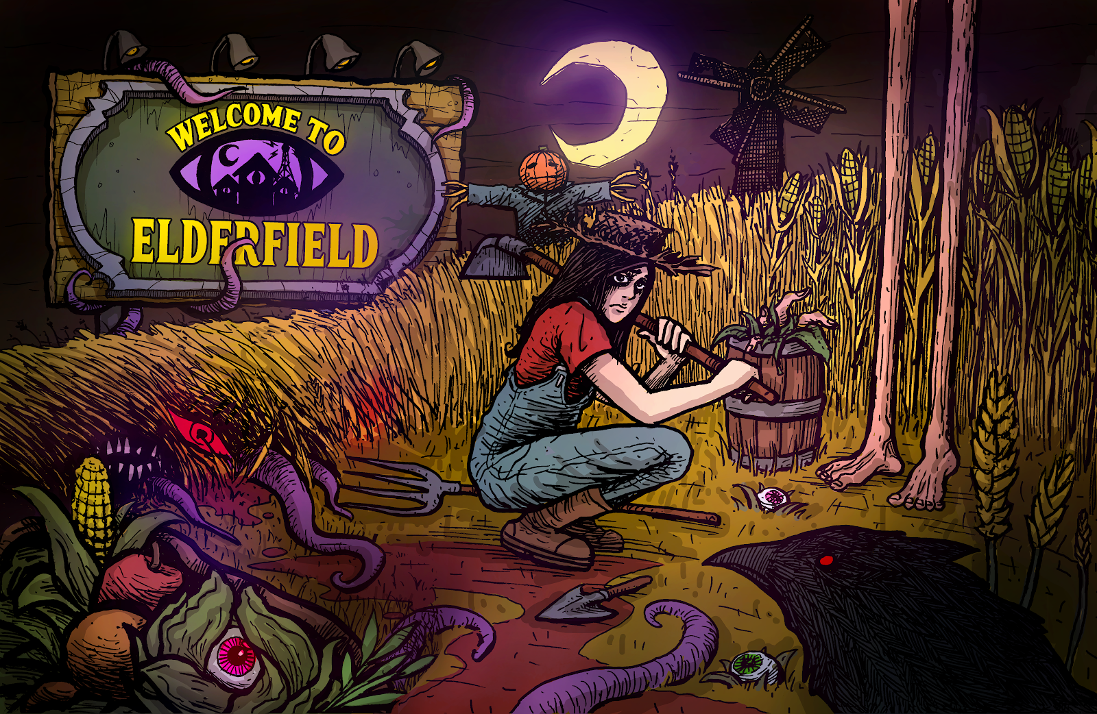 Official Welcome to Elderfield artwork: a farmer, strange crops and creatures beneath a purple moon.